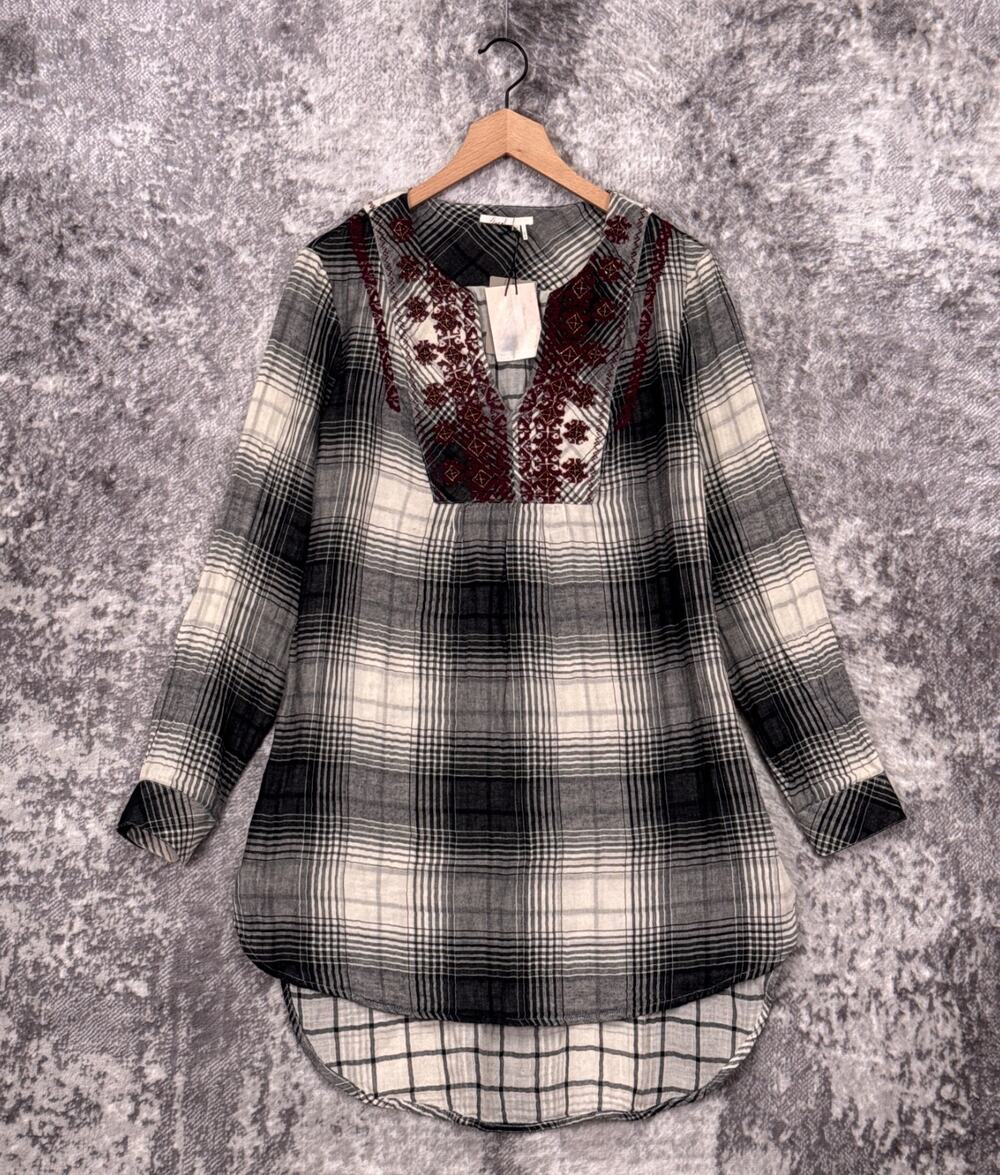 Anthropologie Tunic Top Small Womens Floreat Flannel Check Gauze Embroidered